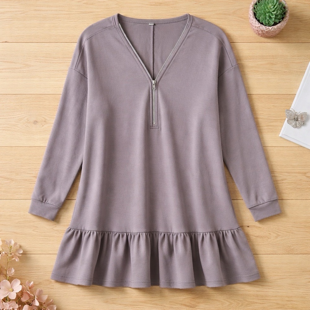 Modern Ruffled Hem Quarter-Zip Tunic Dress Medium Greyish Purple